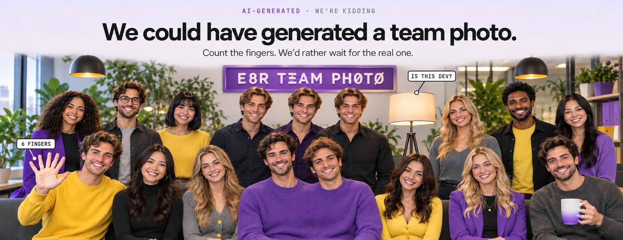 A deliberately fake, AI-generated-style team photo under the headline “We could have generated a team photo. Count the fingers. We’d rather wait for the real one.” Fifteen glossy, too-perfect smiling people pose in an office; one waves with six fingers, two share a single purple sweater, three in the back row have the same face, a floor lamp stands in for a colleague (“Is this Dev?”), and the wall sign is misspelled “E8R TEAM PHOTØ”.