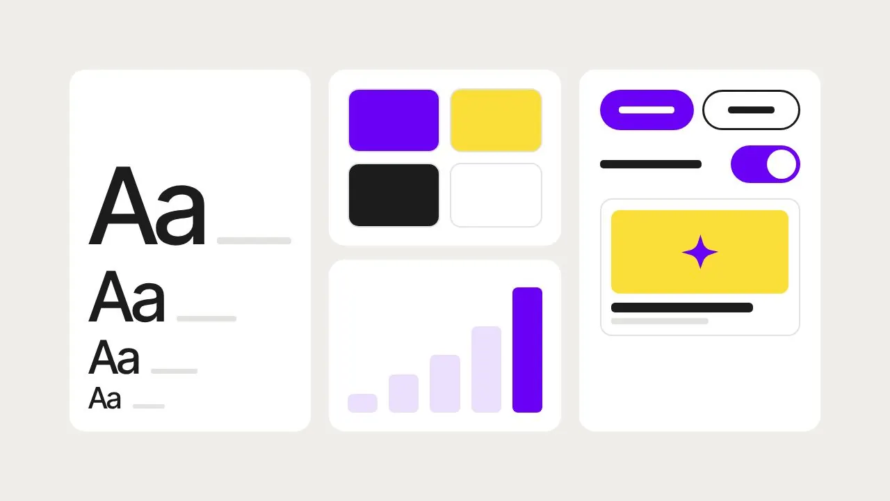 Design system: a type scale, colour swatches, spacing steps and components.