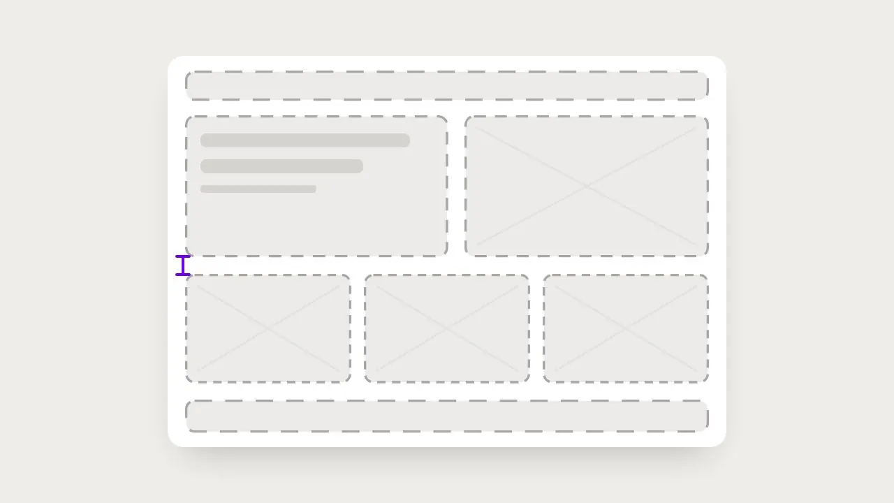 Wireframe: a page laid out in dashed boxes for the nav, hero, three cards and footer.